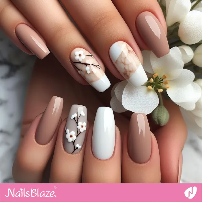 Glossy Neutral Nails with Blossoms | Spring Nails - NB3836