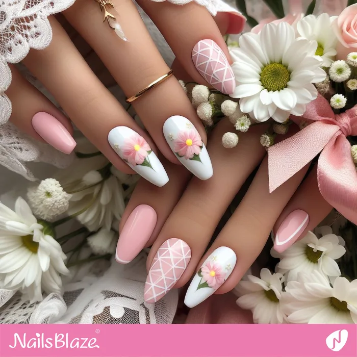 Nails with Pink Flowers and Geometric Accents | Spring Nails - NB3837