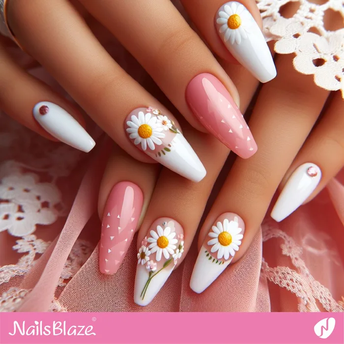 Coffin Nails with Daisy Flowers | Spring Nails - NB3825