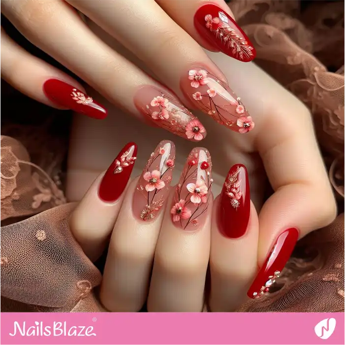 Classy Red Nails with Flowers | Spring Nails - NB4361