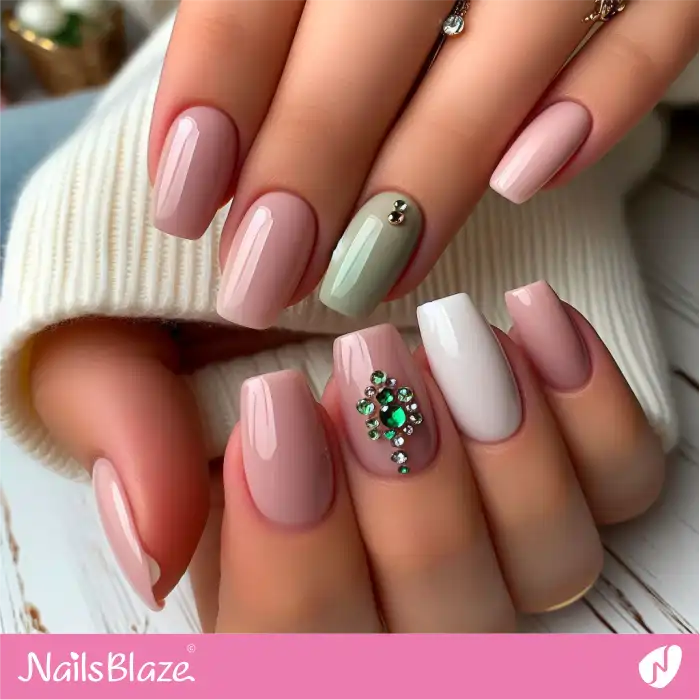 Short Pink Nails with Rhinestones | Spring Nails - NB4362