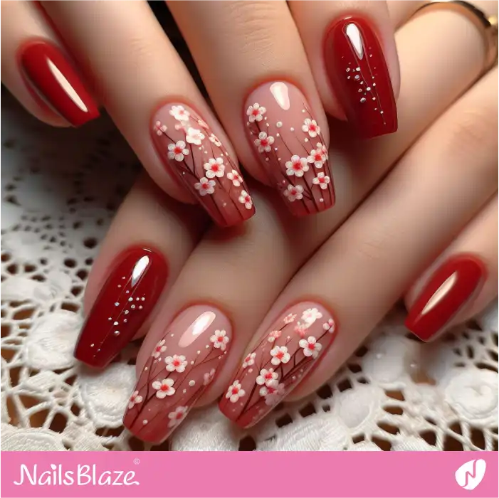 Cute Red Nails with Flowers | Spring Nails - NB4364
