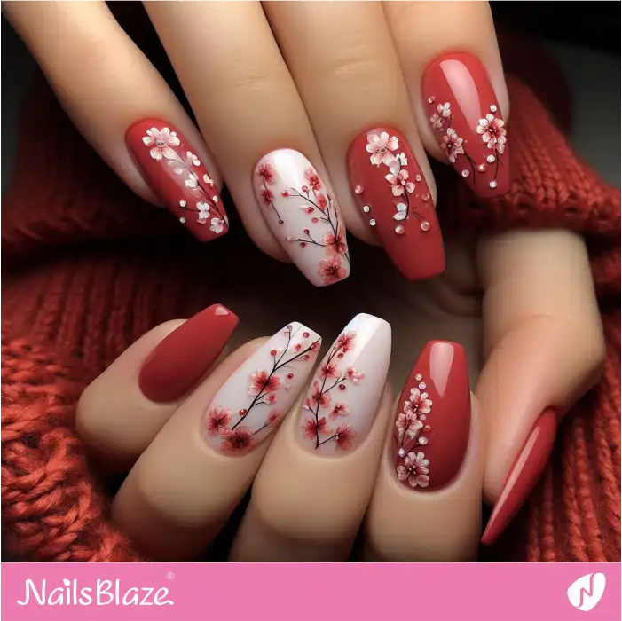 Red and White Nails with Flowers | Spring Nails - NB4367