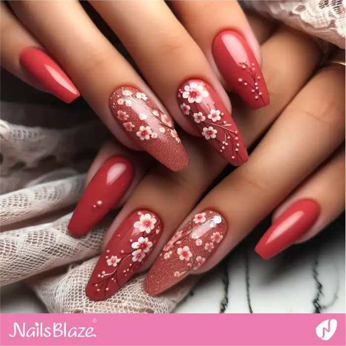 Long Red Nails Floral Design | Spring Nails - NB4374