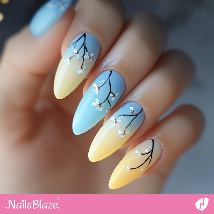 Ombre Lemon Yellow and Sky Blue Nails with Blossom | Spring Nails- NB7956