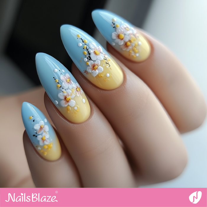 Spring Blossom Design for Lemon Yellow and Sky Blue Nails | Spring Nails- NB7959