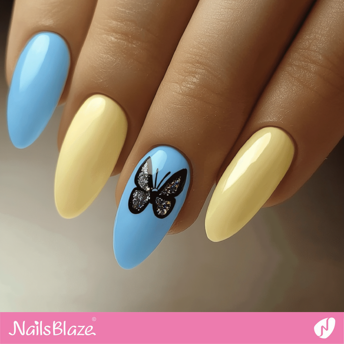 A butterfly Accent for Lemon Yellow and Sky Blue Nails | Spring Nails- NB7960