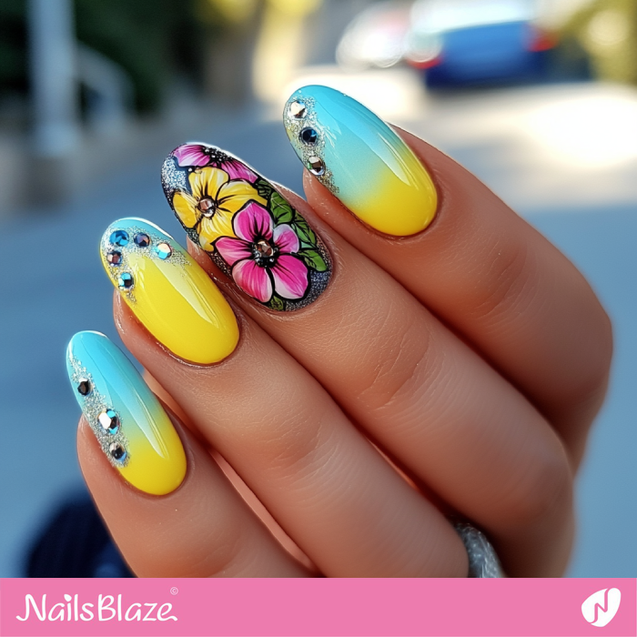 Gradient Lemon Yellow and Sky Blue Nails with Embellishments | Spring Nails- NB7961