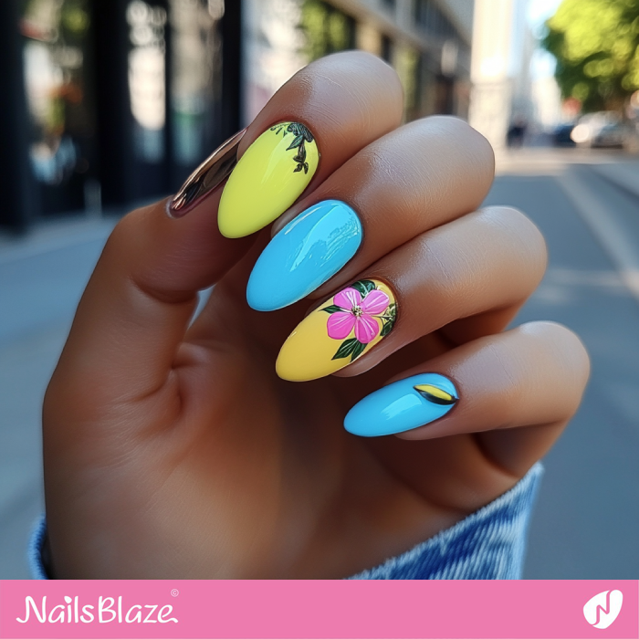 Flower Design Sky Blue and Lemon Yellow Nails | Spring Nails- NB7964