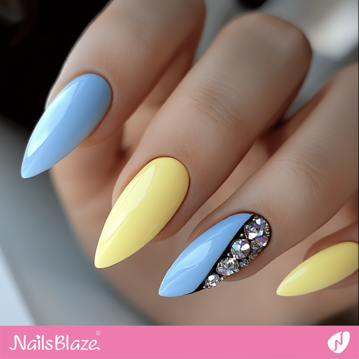 Sky Blue and Lemon Yellow Nails with Ring Finger Design | Spring Nails- NB7965