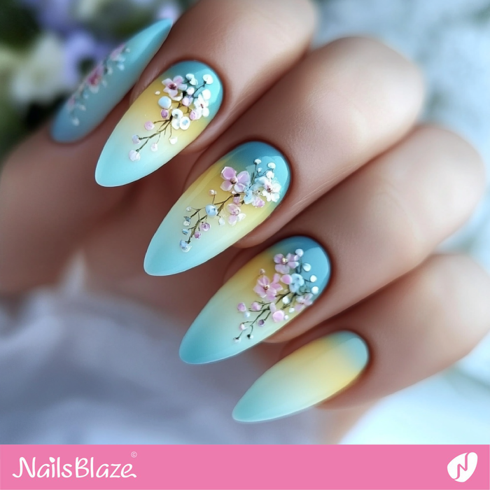 Ombre Gradient Sky Blue and Lemon Yellow Nails with Blossoms | Spring Nails- NB7966