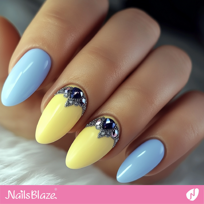 Classy Sky Blue and Lemon Yellow Nails with Charms | Spring Nails- NB7968