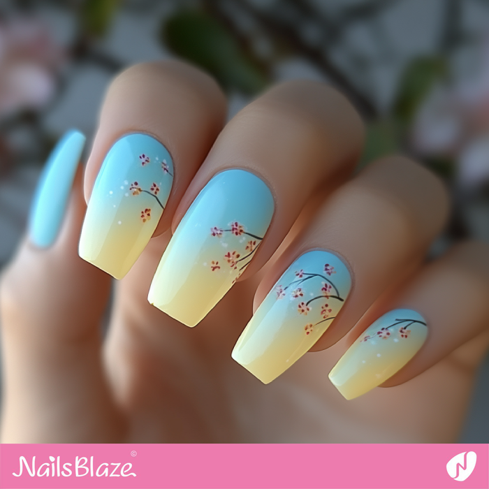 Coffin Sky Blue and Lemon Yellow Nails with Blossoms | Spring Nails- NB7969