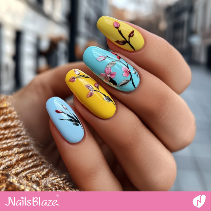 Sky Blue and Lemon Yellow Nails with Flowers | Spring Nails- NB7970