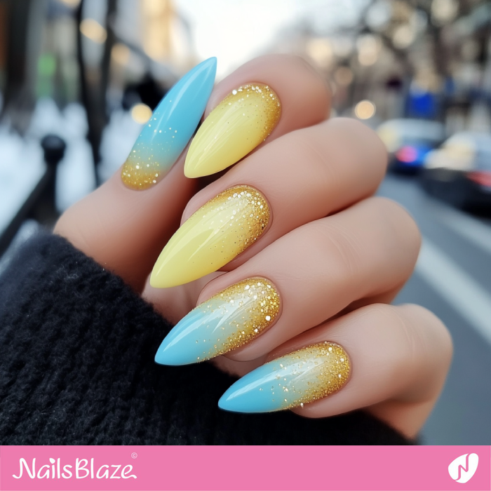 Glitter Design Sky Blue and Lemon Yellow Nails | Spring Nails- NB7971