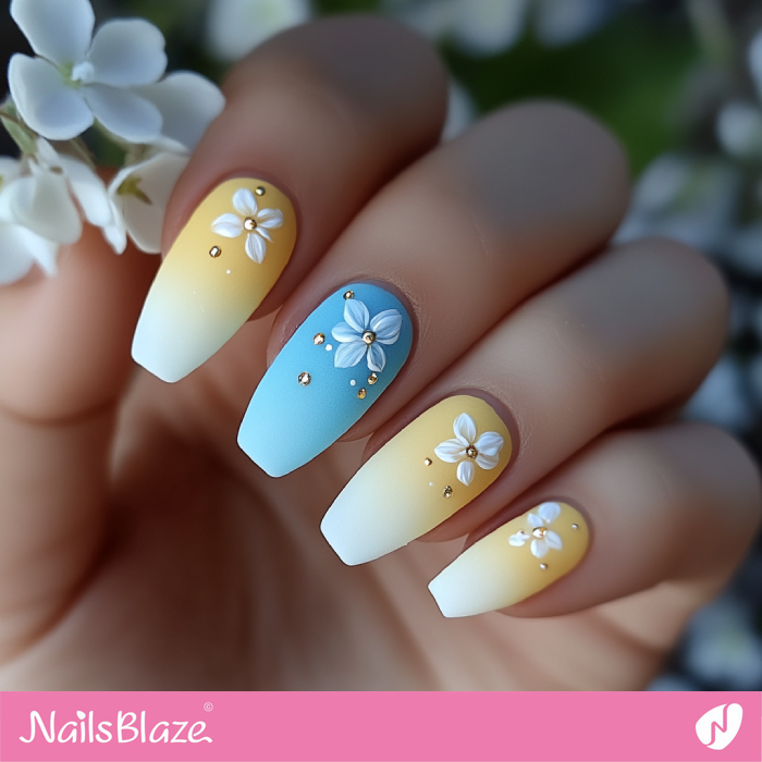 Flower Design for Matte Sky Blue and Lemon Yellow Nails | Spring Nails- NB7972