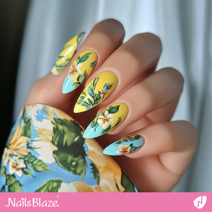 Sky Blue and Lemon Yellow Nails with Tropical Theme | Spring Nails- NB7974