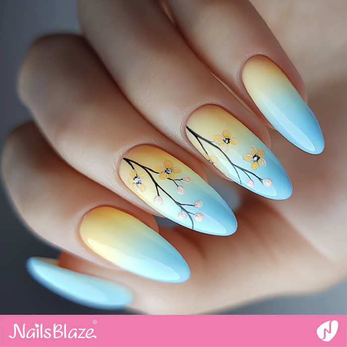 Ombre Lemon Yellow & Sky Blue Flower Design Nails | Spring Nails- NB7949