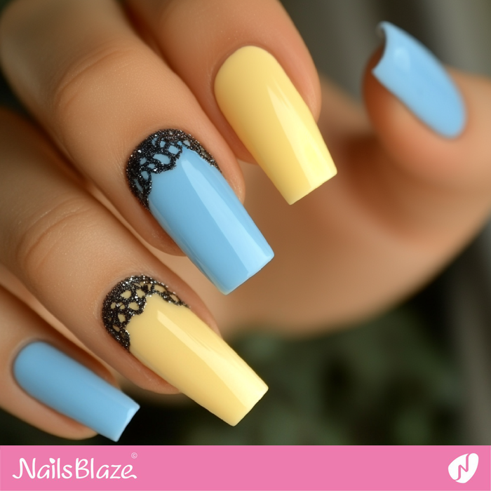 Lemon Yellow & Sky Blue Nails with Lace Accents | Spring Nails- NB7951