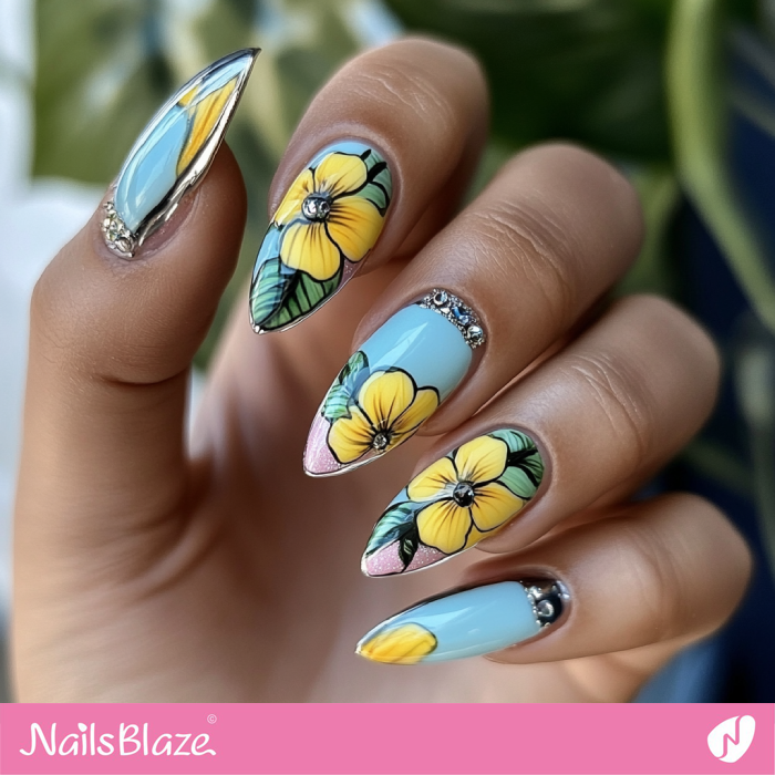 Flower Design Sky Blue and Lemon Yellow Nails | Spring Nails- NB7952