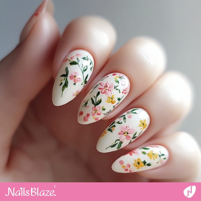 White Almond Nails with Flowers | Spring Flower Nails- NB7914