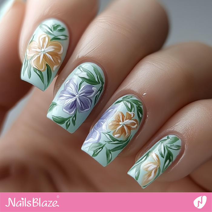 Flower Theme Blue Nails for Spring | Spring Flower Nails- NB7928