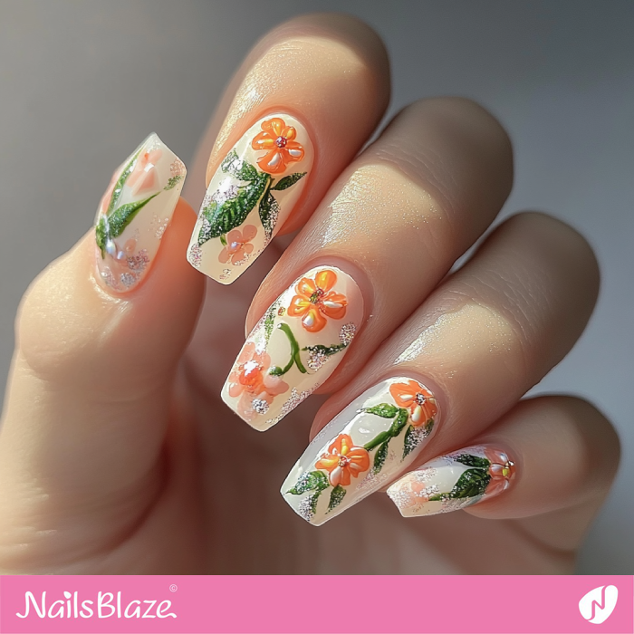 Nails with Orange Flowers for Spring | Spring Flower Nails- NB7929