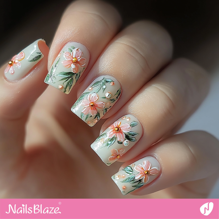 Flower Design for White Vintage Look Nails | Spring Flower Nails- NB7938