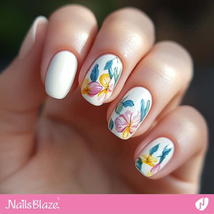 Short White Nails with Watercolor Flowers | Spring Flower Nails- NB7939