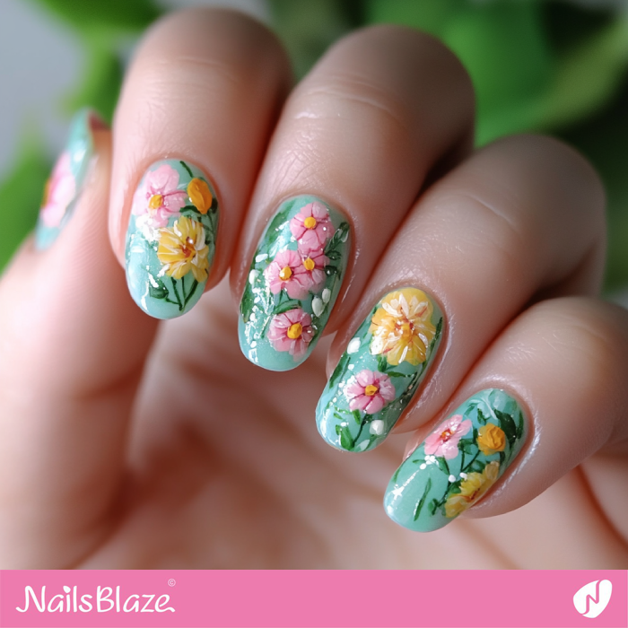 Floral Design Vintage Green Nails | Spring Flower Nails- NB7940