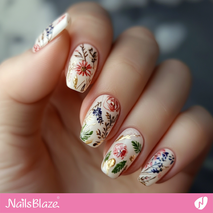 Floral Nails Design with Gold Details | Spring Flower Nails- NB7918