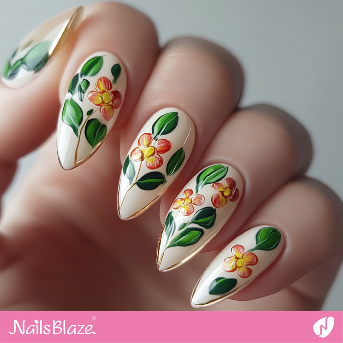 Almond Floral Nails with Gold Outline | Spring Flower Nails- NB7921