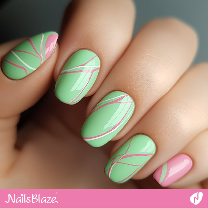 Pastel Green Nails with Pink Swirls | Spring Pastel Nails- NB7908