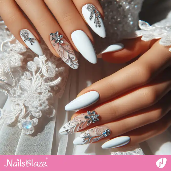 Embellished Nails with 3D Silver Design | Swirl Nails - NB4499