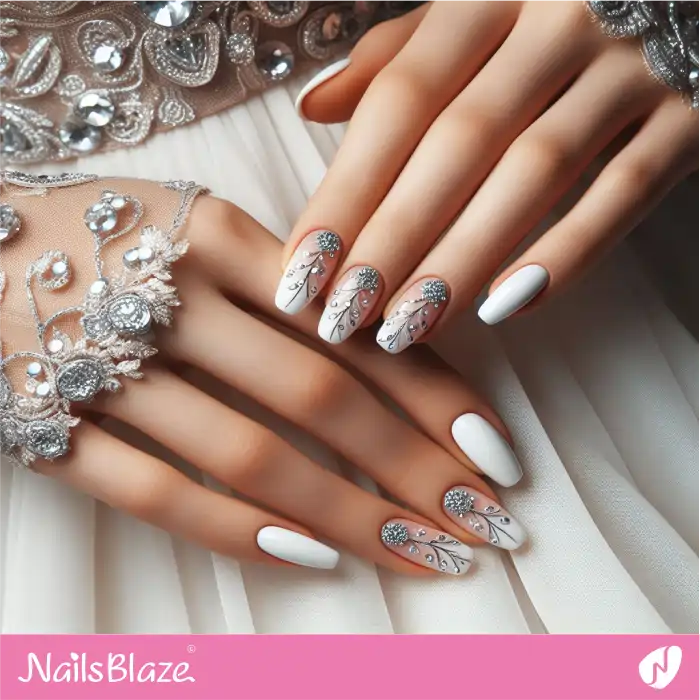 Embellished Silver Swirls Nail Design | Swirl Nails - NB4502