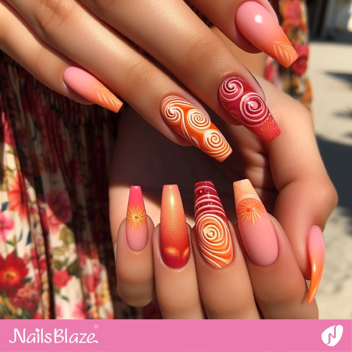 Orange Spiral Swirl Nails for Summer | Swirl Nails - NB4567