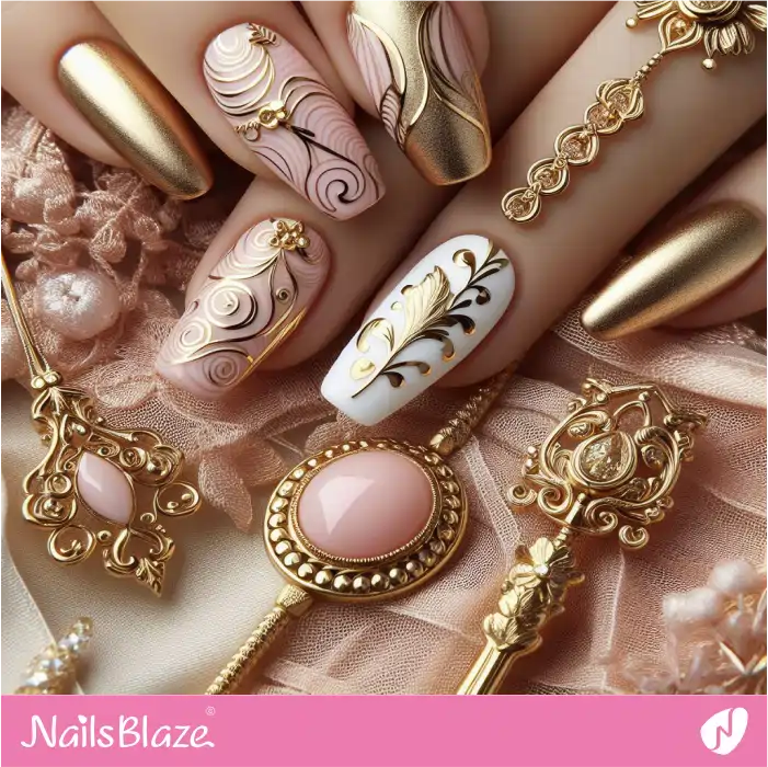 Nails Decorated with Gold Swirls | Swirl Nails - NB4505