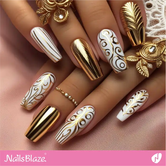 White and Gold Luxury Nails Design | Swirl Nails - NB4507