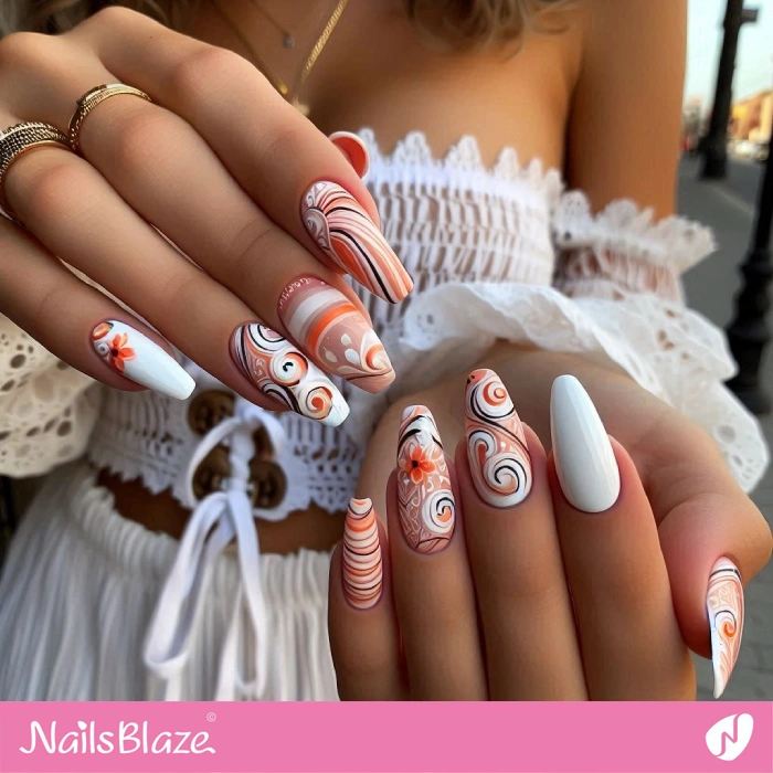 Pink and Orange Swirls Nails Design | Swirl Nails - NB4552