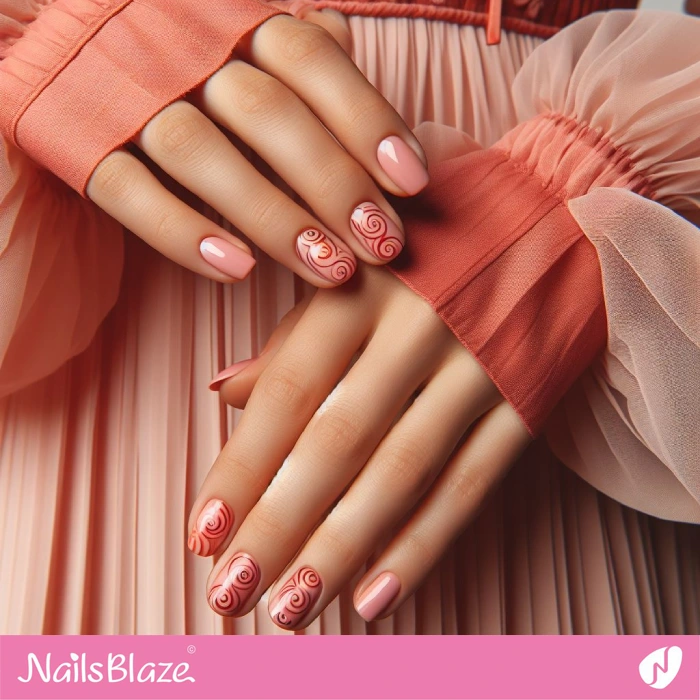 Short Pink Nails with Orange Swirls | Swirl Nails - NB4555
