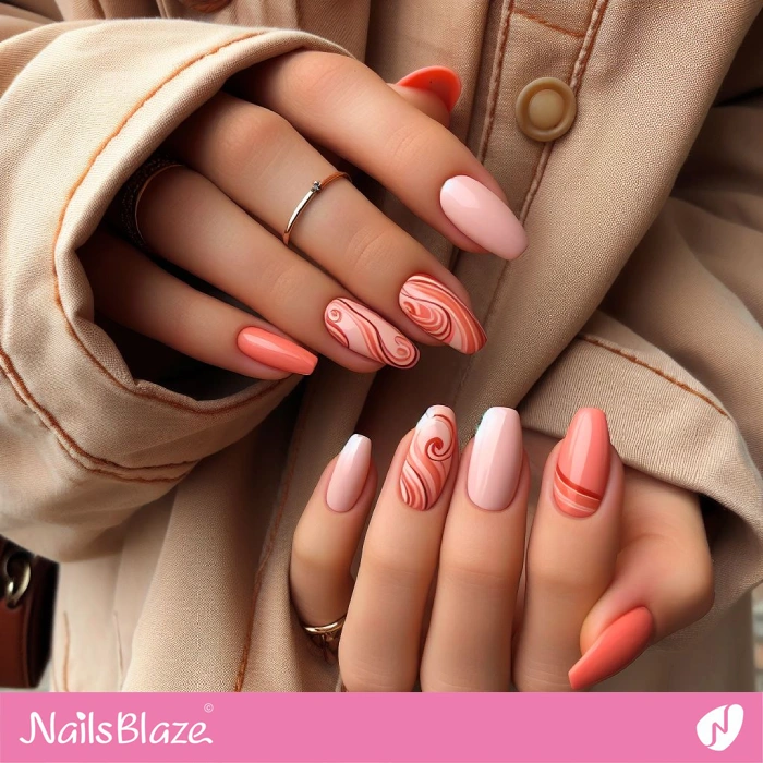 Orange Swirls on Pink Nails | Swirl Nails - NB4556