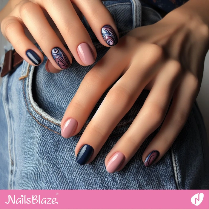 Short Pink and Blue Swirl Nails Design | Swirl Nails - NB4536