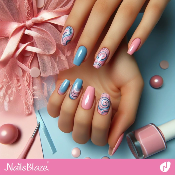 Baby Pink and Baby Blue Swirls Nails Design | Swirl Nails - NB4538