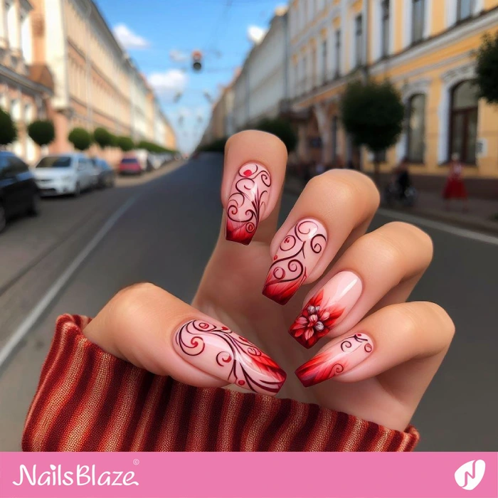 French Manicure with Red Swirls | Swirl Nails - NB4540