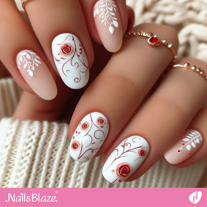 Minimal Red Swirls and Roses Nails Design | Swirl Nails - NB4542