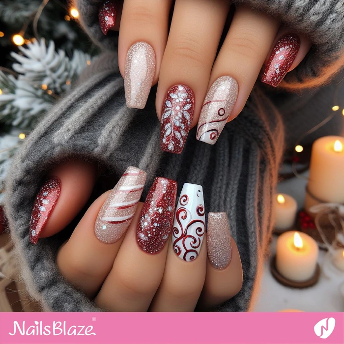 Glitter Nails with Red Swirls for Winter | Swirl Nails - NB4544