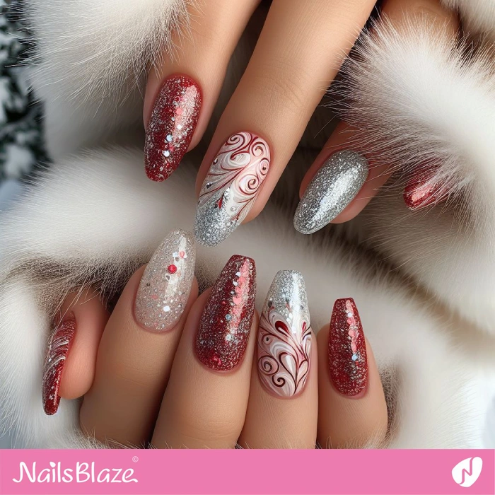 Glitter Design Red and White Nails with Swirls | Swirl Nails - NB4546