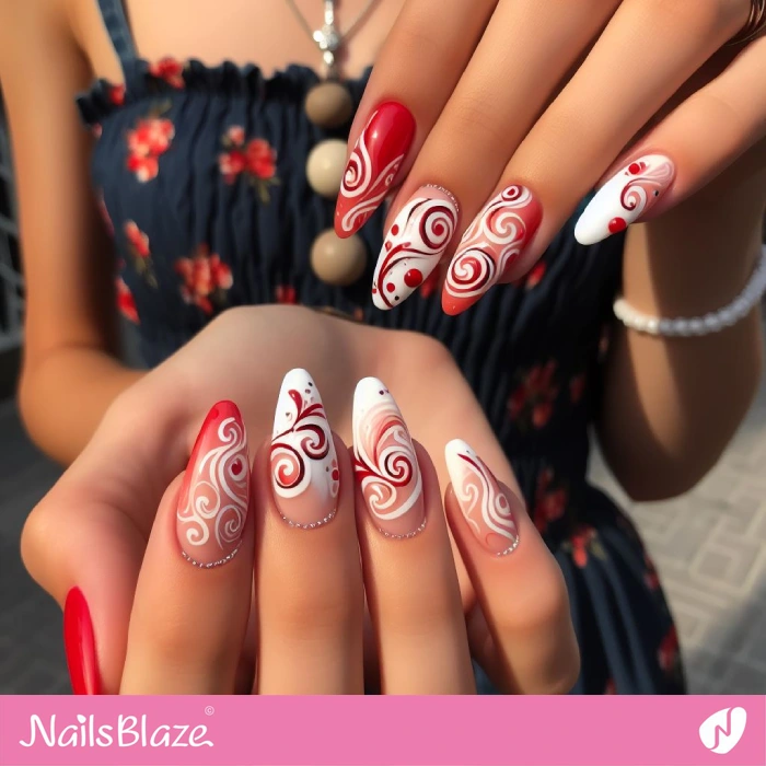 Red and White Swirls on Almond Nails | Swirl Nails - NB4548