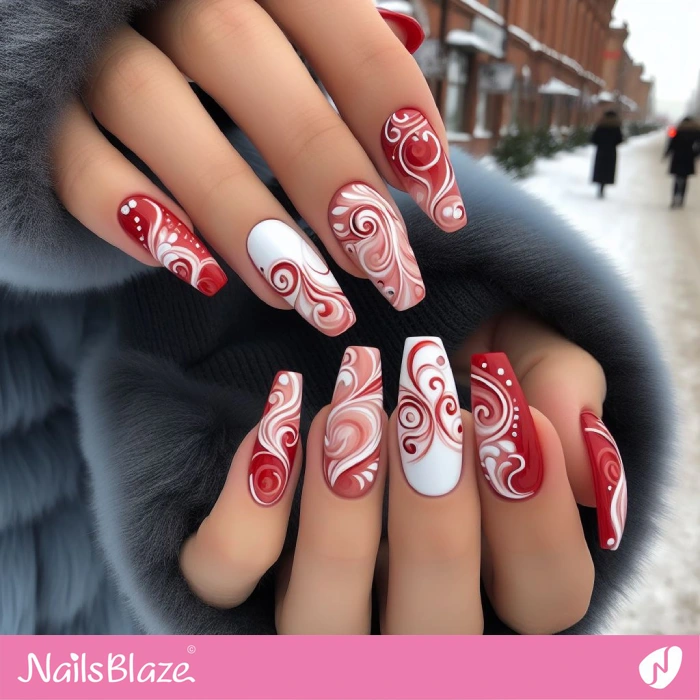 Nails with White and Red Swirls | Swirl Nails - NB4549