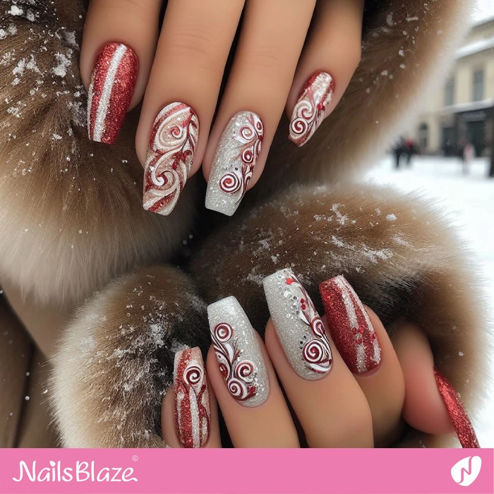 White and Red Swirls on Nails for Winter | Swirl Nails - NB4551